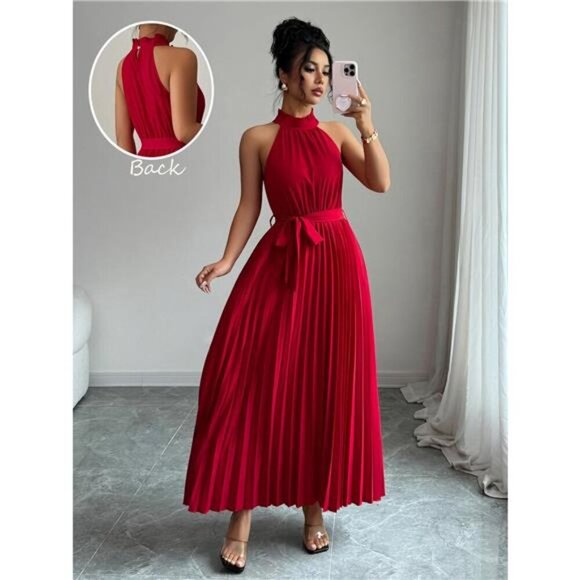 Pleated Halter Neck Tie Waist Maxi Dress - Picture 3 of 8